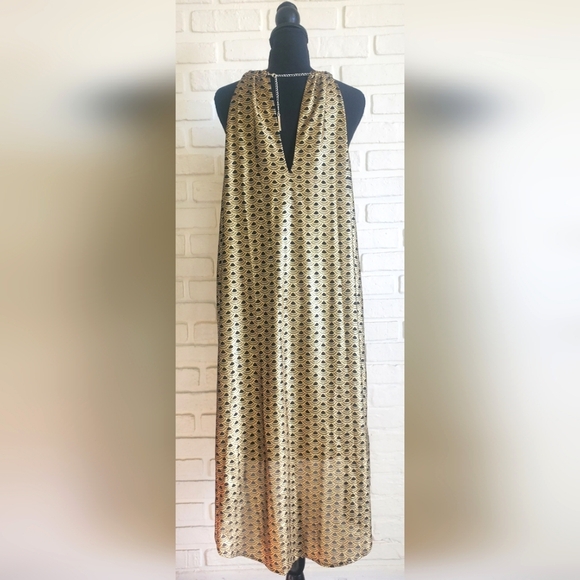 Michael Kors Chain Halter Dress Bergalia Black Gold Foil Art Deco Size Large - Picture 8 of 17